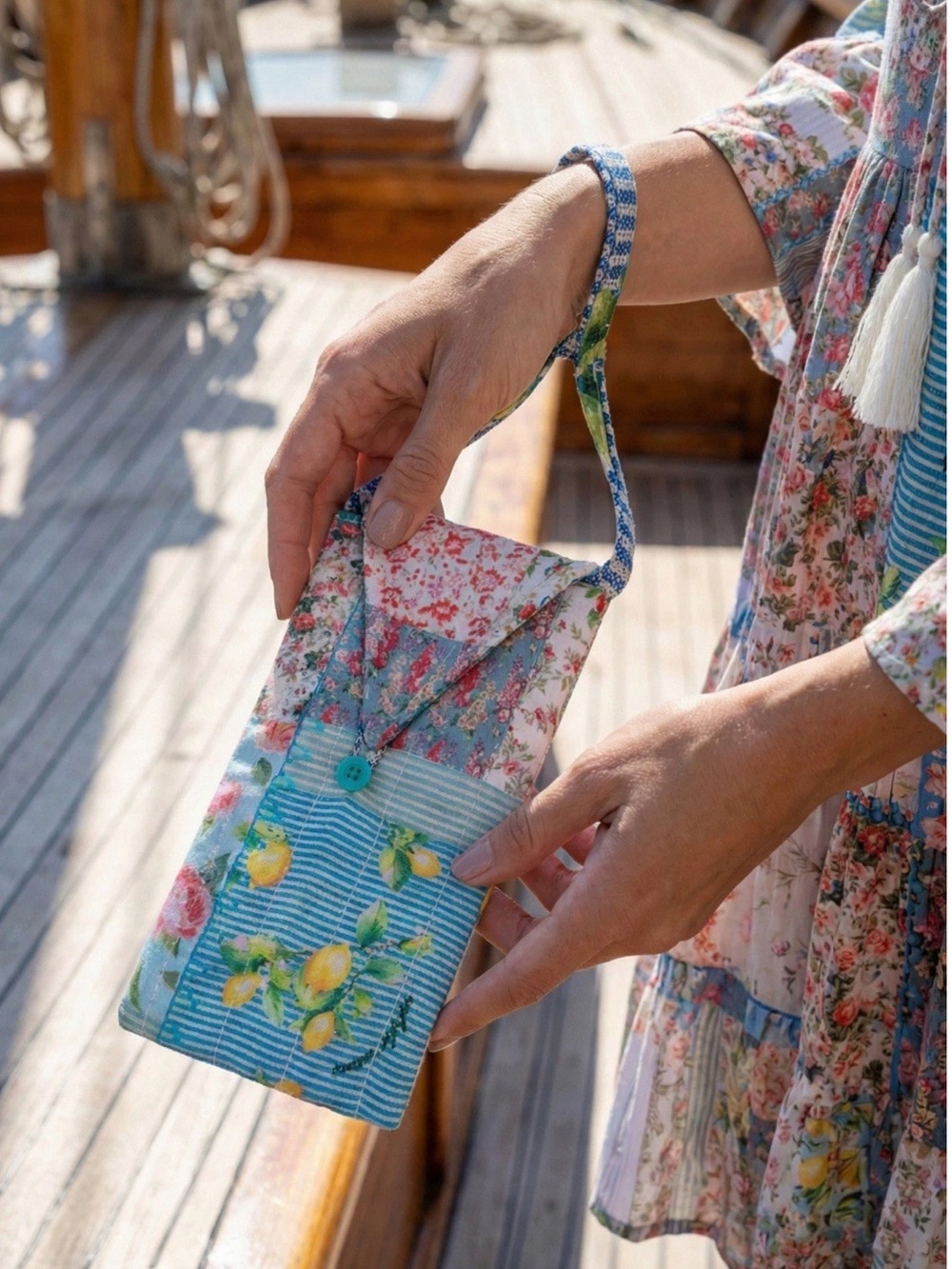 Antica Sartoria 2026 Floral & Lemon Patchwork Print Wristlet Clutch in Blue